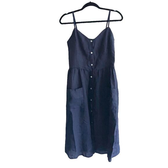 PISTACHE Italy Linen Sleeveless Button Front Midi Dress Navy Blue XS - Picture 5 of 6